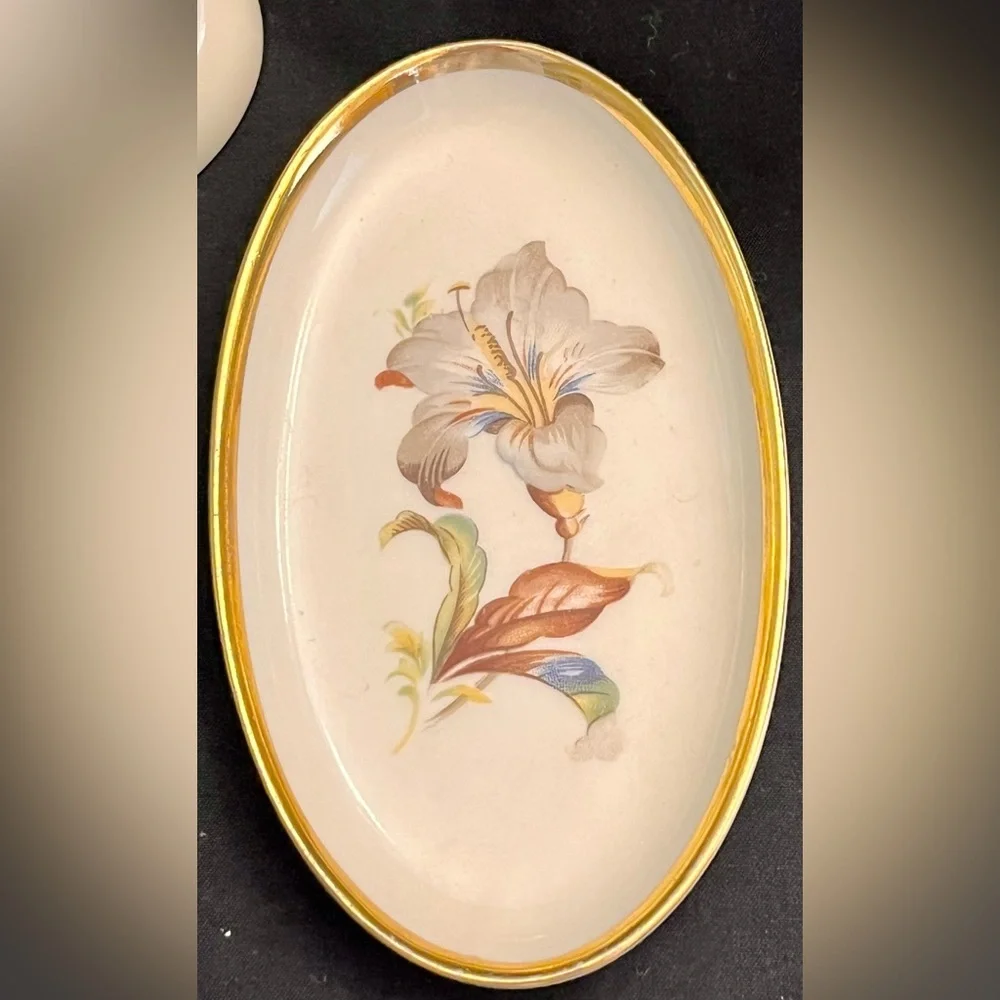 VTG Danmark Porcelain Denmark Oval Trinket Dishes Gold Rim Hand Painted Floral 2